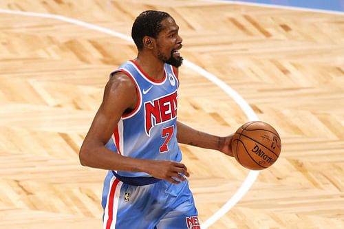 Brooklyn Nets' Kevin Durant dribbling the ball up court