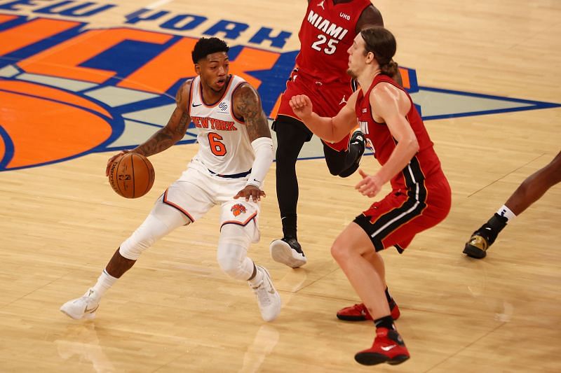 Elfrid Payton #6 of the New York Knicks drives to the basket against the Miami Heat 
