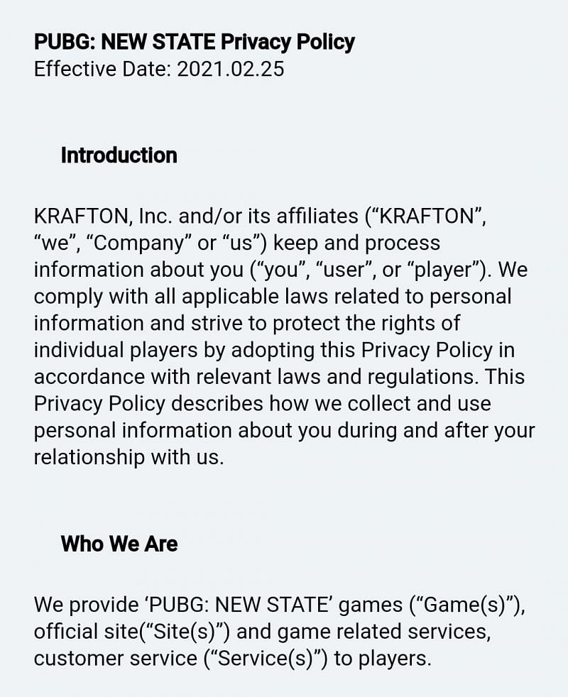 PUBG New state privacy policy