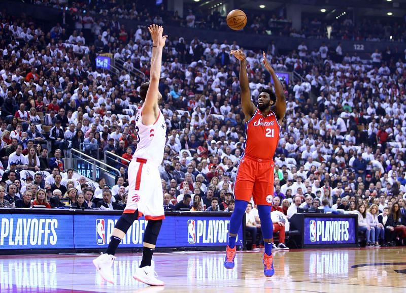 Joel Embiid of the Philadelphia 76ers shoots against the Toronto Raptors in the 2019 NBA Playoffs