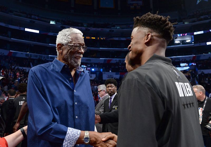 Bill Russell (L) greets Jimmy Butler at the NBA All-Star Game 2018 at Staples Center on February 18, 2018 in Los Angeles, California.