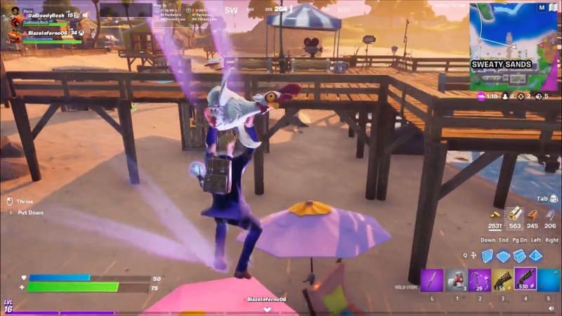 Players lands on an umbrella and gets a speed boost with chicken (Image Via Reddit/u/DaBloodyResh)