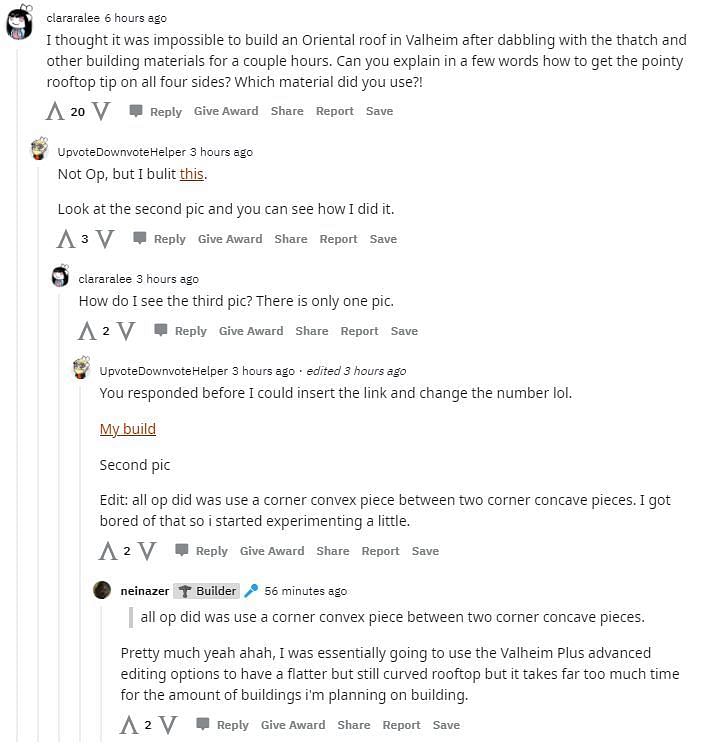 Players inquiring about how to construct oriental roofs in Valheim (Image via r/Valheim)