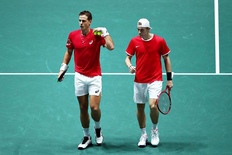 Vasek Pospisil (L) and Denis Shapovalov at Davis Cup 2019
