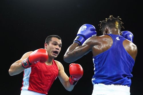 Vikas Krishan (Red) at the Gold Coast 2018 Commonwealth Games in April 2018