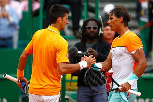 Novak Djokovic and Rafael Nadal at the Monte Carlo Masters tennis event in 2015