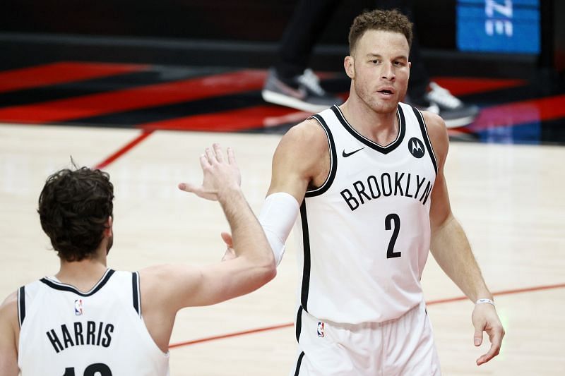 Joe Harris (#12) and Blake Griffin (#2) of the Brooklyn Nets.