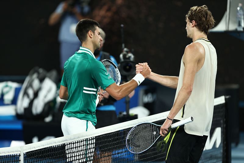 Novak Djokovic (L) and Alexander Zverev at the 2021 Australian Open