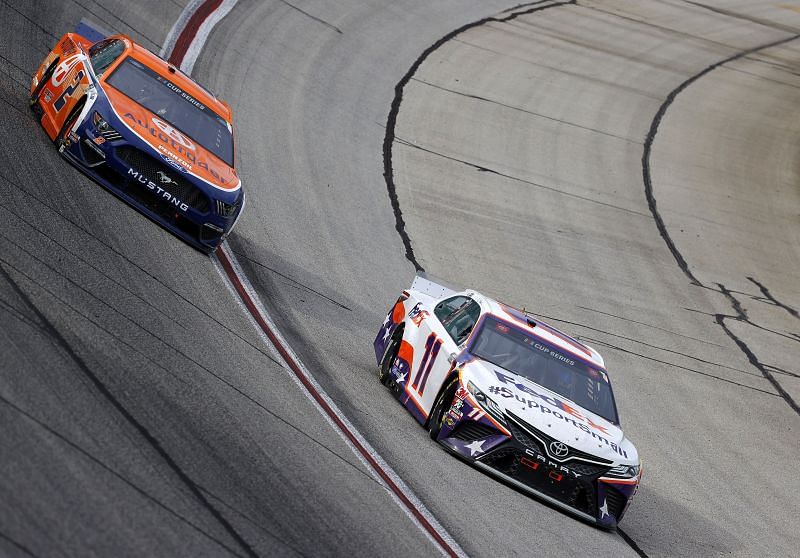 Denny Hamlin and Brad Keselowski race in the NASCAR Cup Series Folds of Honor QuikTrip 500 at Atlanta last year. Photo: Getty Images