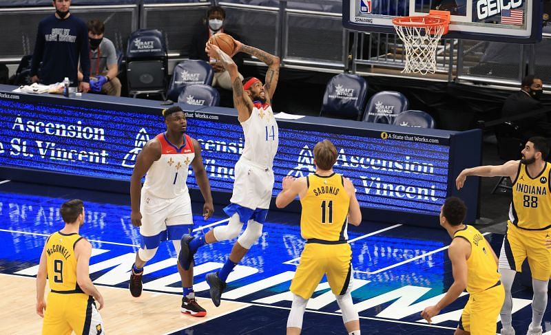 Brandon Ingram #14 shoots the ball against the Indiana Pacers at Bankers Life Fieldhouse on February 05, 2021. (Photo by Andy Lyons/Getty Images)