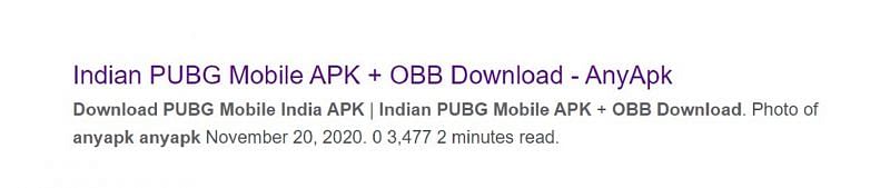 A fake PUBG Mobile India APK file link