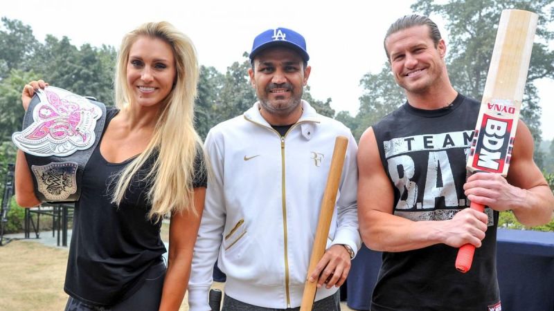 WWE Superstars with cricketing legend Virender Sehwag