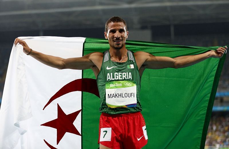 Taoufik Makhloufi celebrates after winning the 1500 metres silver in the 2016 Rio Games.