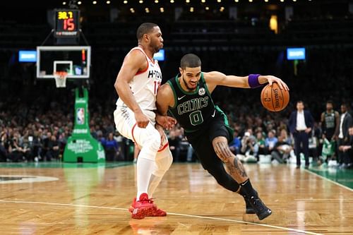 Eric Gordon (#10) of the Houston Rockets defends Jayson Tatum (#0) of the Boston Celtics