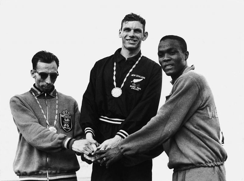 Peter Snell of New Zealand (centre) on the winner&#039;s podium after winning the 800 Metres event at the Olympic Games in Rome, 3rd September 1960