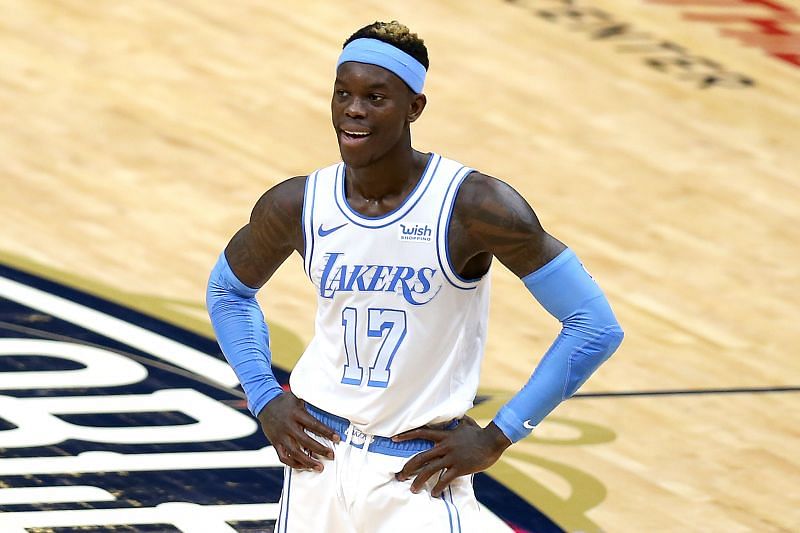 Dennis Schroder #17 stands on the court during the fourth quarter of an NBA game.