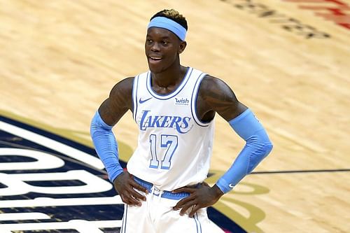 Dennis Schroder #17 stands on the court during the fourth quarter of an NBA game.