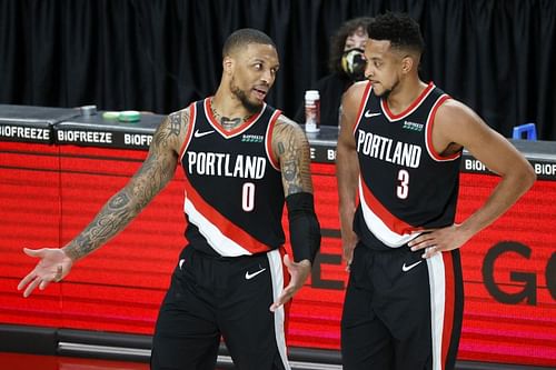 Damian Lillard #0 and CJ McCollum #3 of the Portland Trail Blazers