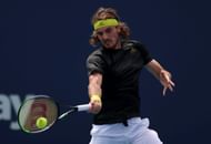 Stefanos Tsitsipas in action against Damir Dzumhur in his Round of 64 match