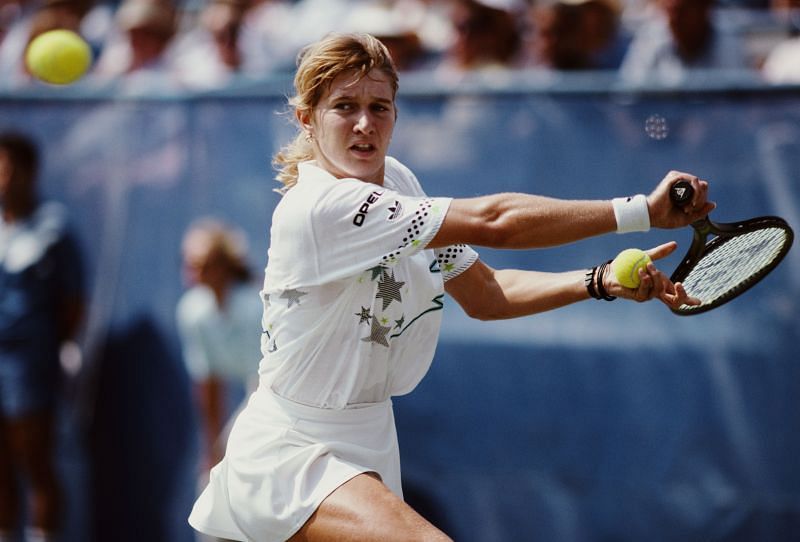 Steffi Graf currently holds the record at 377 weeks