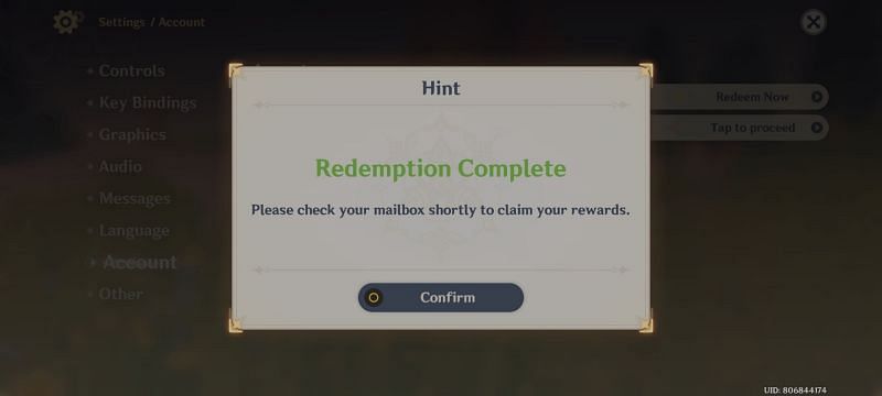 Confirmation of successful redemption of the new redeem code in Genshin Impact