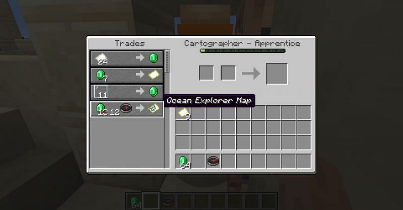 An ocean explore map for sale from an apprentice-level cartographer villager in Minecraft. 