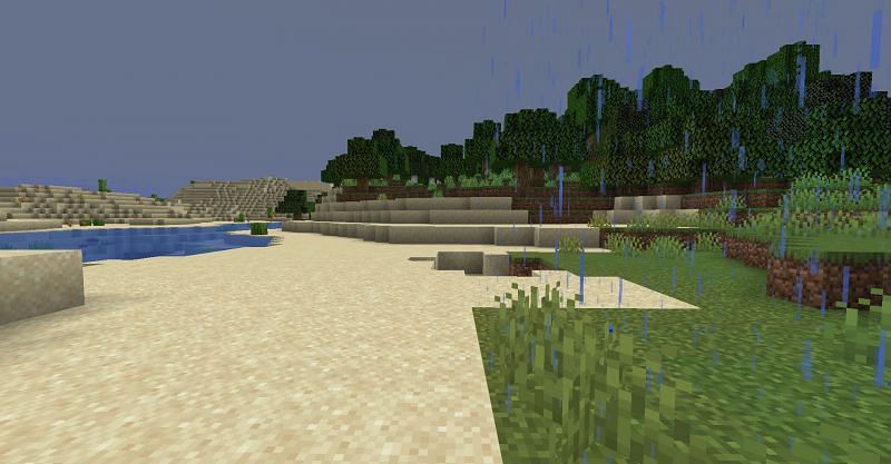 Raining in a plains biome, but not in a desert biome in Minecraft (Image via Minecraft)