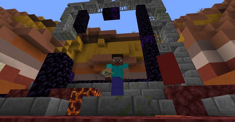 Steve marked the location of this giant ruined portal on his map so that he can later refer to exactly where it is located (Image via Minecraft)