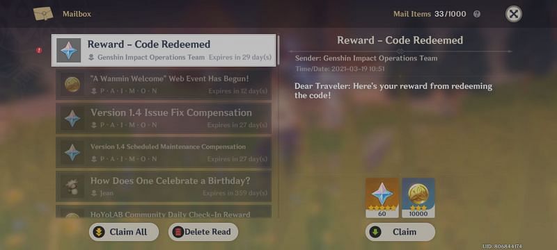 Upon successful redemption, the rewards will be received via the in-game mail