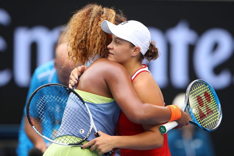Naomi Osaka is congratulated by Ashleigh Barty at the 2018 Australian Open