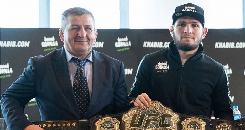 Khabib Nurmagomedov (Right) with his late father Abdulmanap Nurmagomedov at UFC 242