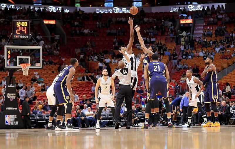 Hassan Whiteside and Myles Turner jump ball