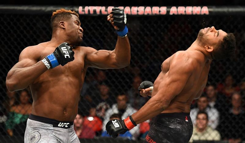Francis Ngannou with the famous &#039;uppercut from hell&#039; against Alistair Overeem.