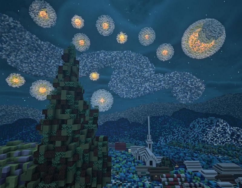 Shown: An amazing rendition of Van Gogh&#039;s &quot;Starry Night&quot; in Minecraft (Image via u/pqroxysm on Reddit)