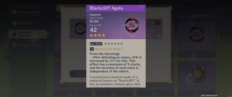 Stats of Blackcliff Agate (image via Genshin Impact)