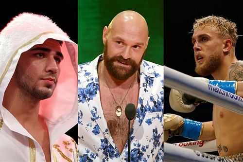 Tommy Fury (left) Tyson Fury (center) Jake Paul (right)