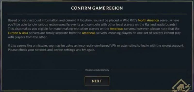 The pop-up note for the VPN players in America, when they log-in after the official launch of Wild Rift in their region
