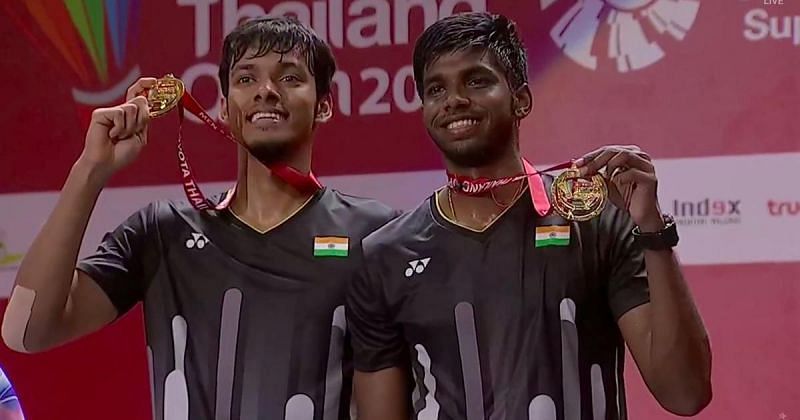 Chirag Shetty (L) and Satwiksairaj Rankireddy after winning the 2019 Thailand Open title