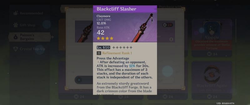 Stats of Blackcliff Slasher (image via Genshin Impact)