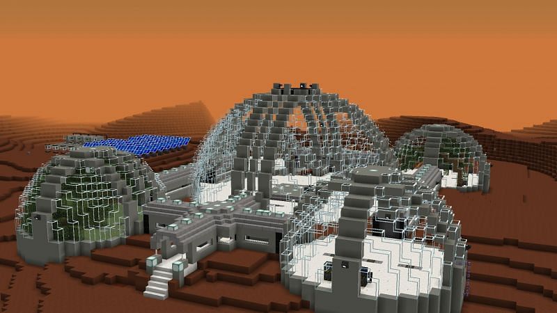 A Mars base created in the Galacticraft mod (Image via u/LoZ_Player on Reddit)