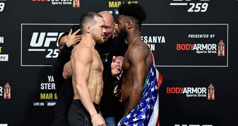 Petr Yan and Aljamain Sterling at UFC 259 weigh-in faceoff