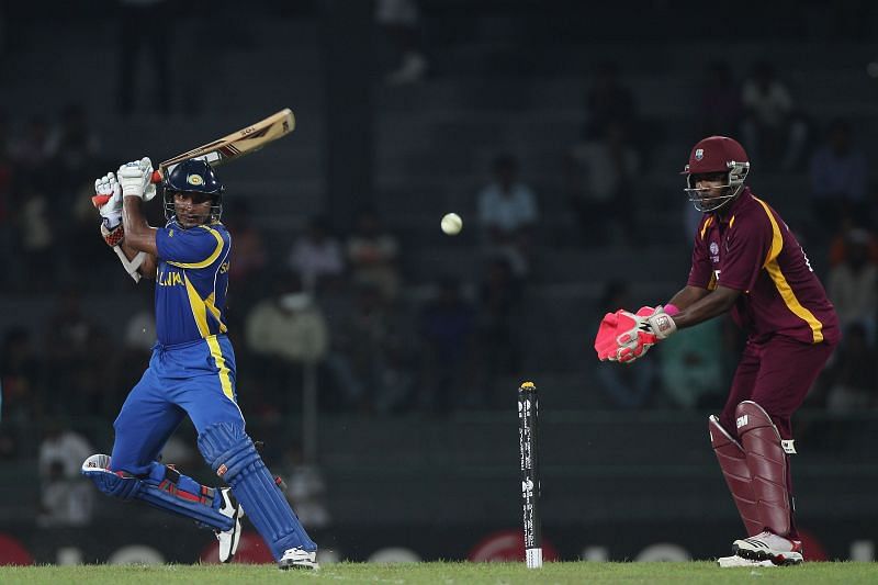 Sangakkara seen batting against West Indies in the 2011 Cricket World-Cup Warm-up match