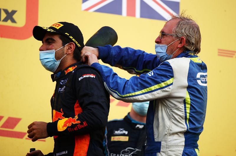 Jehan Daruvala celebrating his maiden win in Formula 2. Photo: Bryn Lennon/Getty Images. 