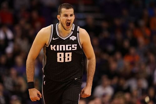 Nemanja Bjelica #88 of the Sacramento Kings reacts after hitting a three-point shot