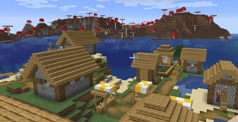 Village overlooking a Mushroom island (Image via Minecraft)