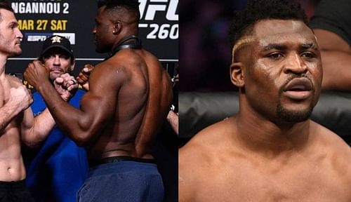 Stipe Miocic (left); Francis Ngannou (center and right)