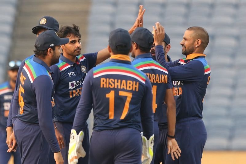 Bhuvneshwar Kumar celebrates a wicket with teammates. Pic: ICC