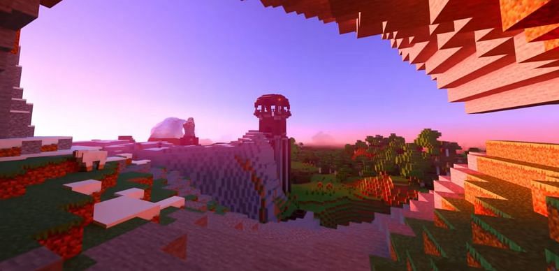 A stunning view of a pillager outpost during a sunrise (Image via Minecraft &amp; Chill/YouTube)
