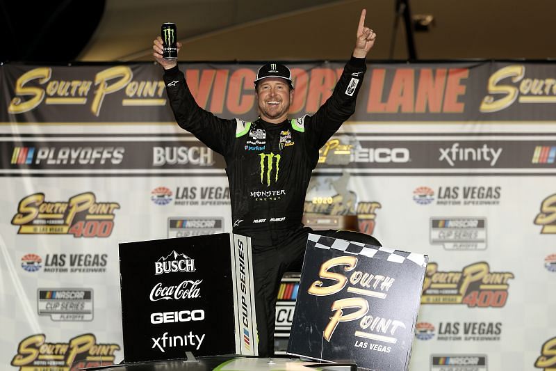 Kurt Busch celebrates his win in the NASCAR Cup Series South Point 400 at Las Vegas last year. Photo/Getty Images