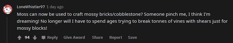 This Redditor is extremely delighted to discover that mossy blocks can now be crafted (Image via Reddit)